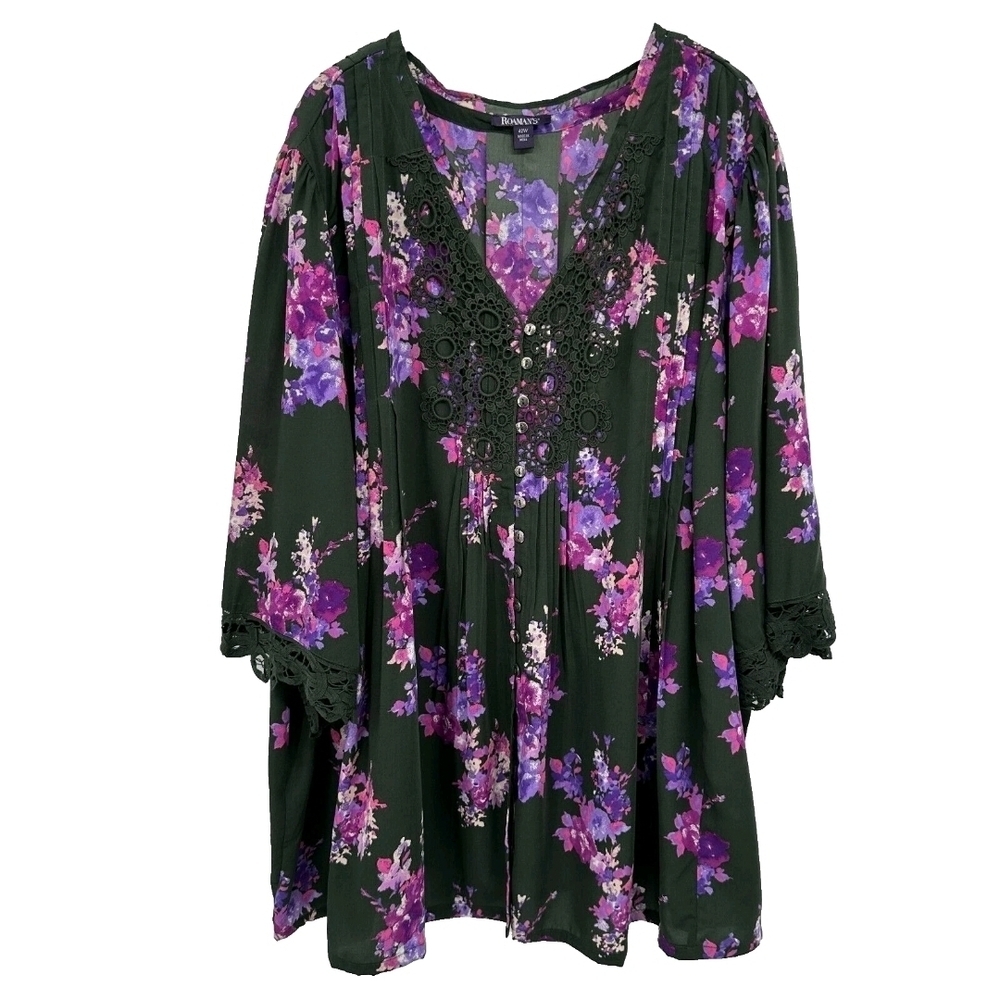 Roman's Green Floral V-Neck Crochet Trim Tunic with Purple Accents Size 20W NWOT